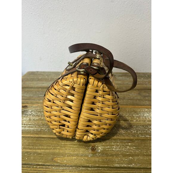 Vintage Wicker Woven Purse Boho Cottagecore Brown Leather Straps Womens handbag - Picture 4 of 6